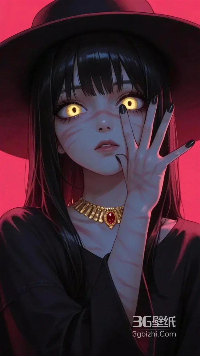 暗黑风神秘少女·黄瞳黑甲宽檐帽金链红宝 暗黑系壁纸1