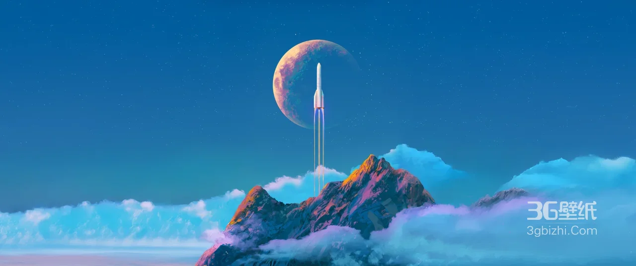 火箭升空·云海山脉满月·唯美梦幻风超宽屏科幻桌面背景1