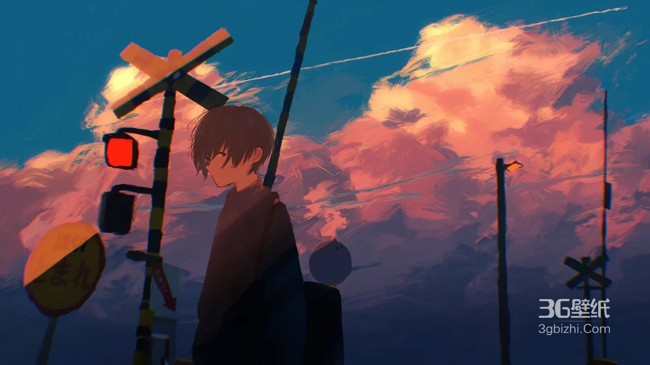 动漫少年·铁路道口云霞下 日系唯美电脑壁纸1