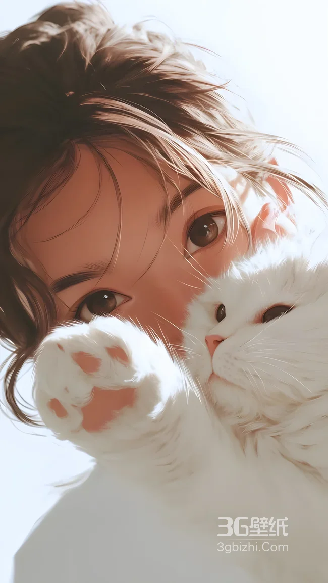女孩与白猫亲昵互动·写实治愈风 宠物互动壁纸1