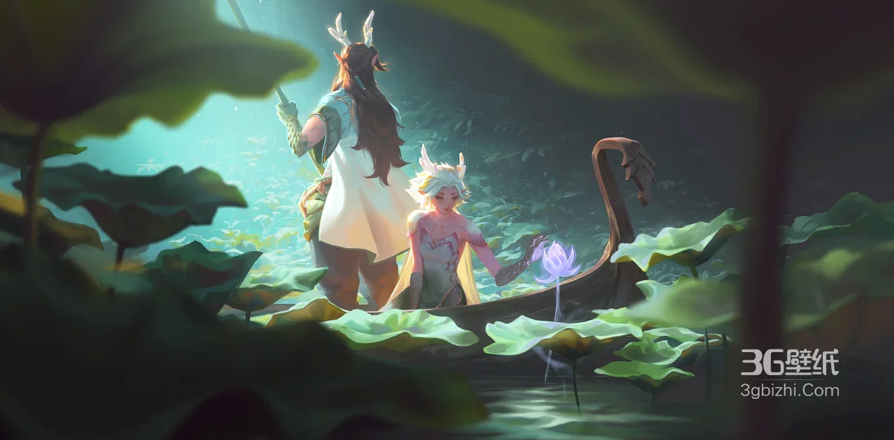 莉莉娅·鹿角精灵荷塘泛舟·唯美奇幻风电脑壁纸1