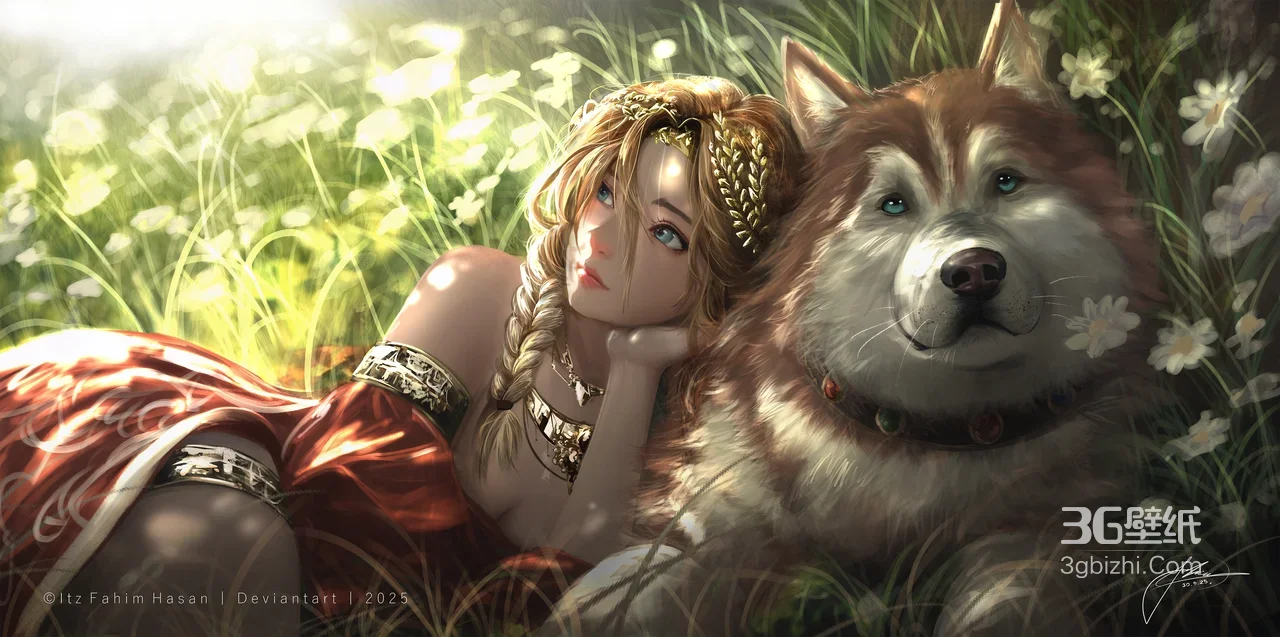 金发女子与巨型哈士奇·写实唯美插画 电脑宽屏壁纸1