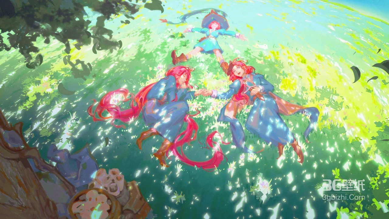 《林中小女巫》红发蓝裙少女·唯美奇幻草地 电脑壁纸1