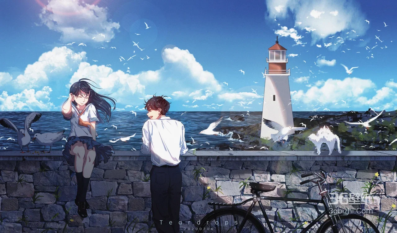 海边青春男女·白喵灯塔海鸥·唯美日系动漫插画 夏日治愈电脑壁纸1