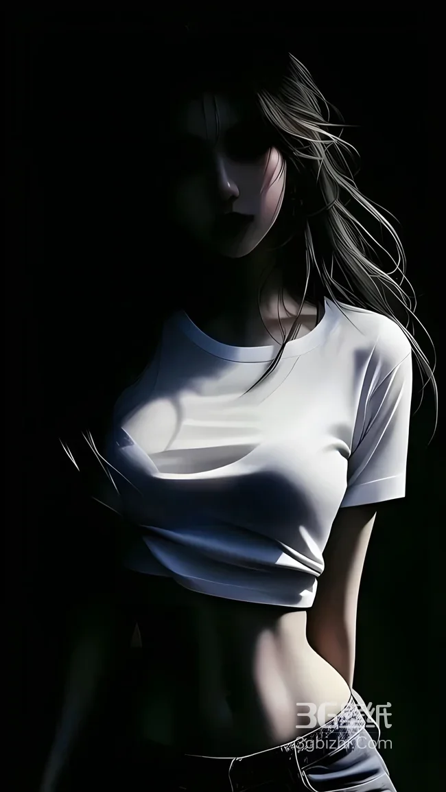 暗黑写实风露脐少女·白T短裤 原创插画手机壁纸1
