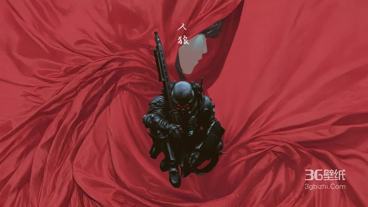 暗黑机甲战士·红幔隐女 国风赛博暗黑电脑壁纸精选1