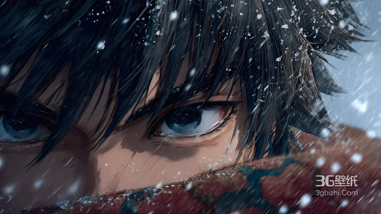 手绘帅哥·蓝眼坚毅（写实插画风）雪景围巾电脑壁纸1