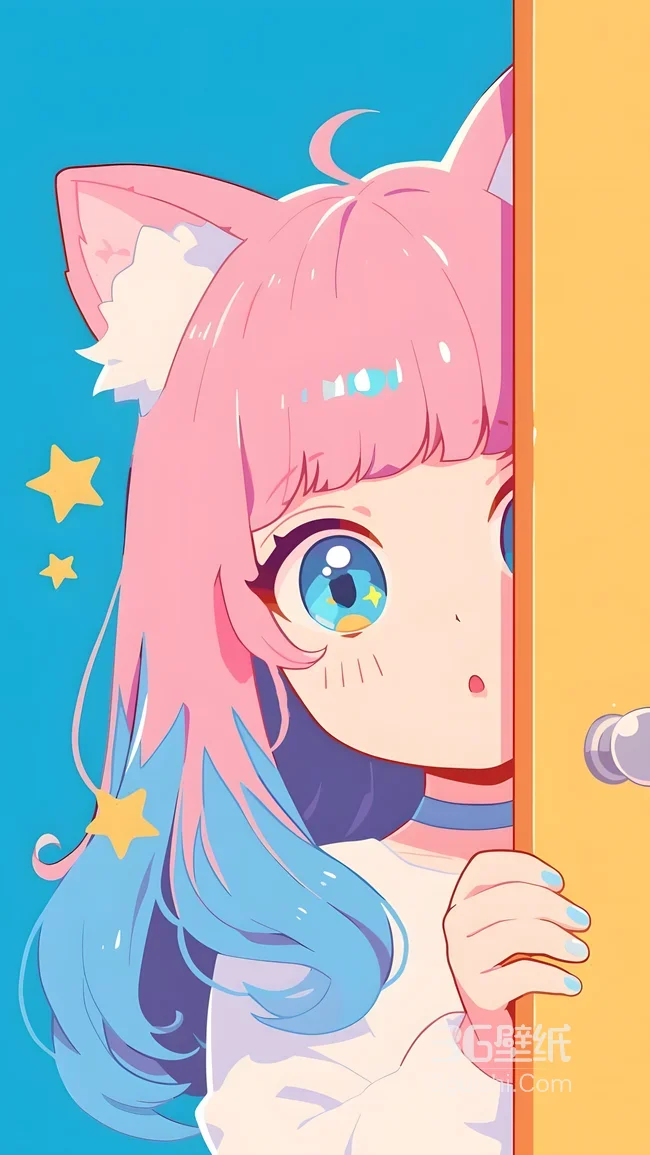 猫耳少女·粉蓝渐变发 二次元可爱风 治愈手机壁纸1