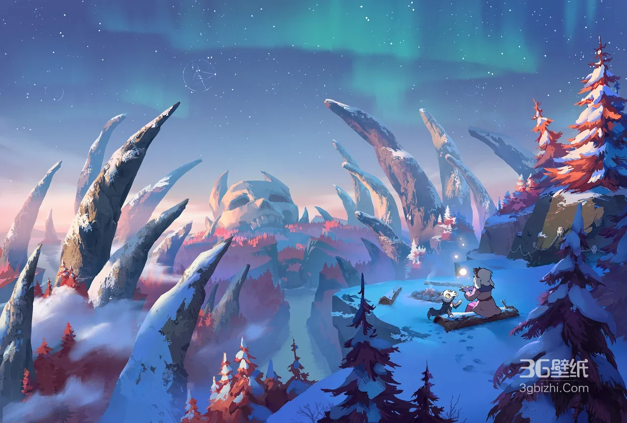 二次元幻想风 雪地巨型骷髅地貌 角色宠物露营 宽屏车机壁纸1