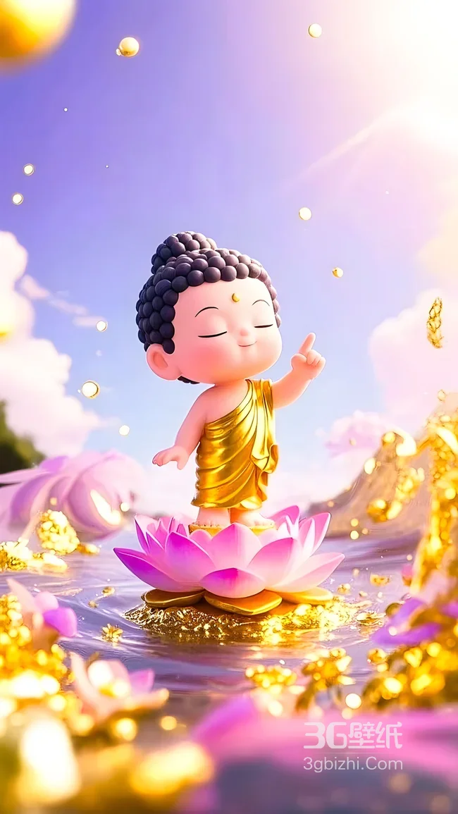 Q版小佛陀·金衣立粉莲 治愈禅意佛主题手机壁纸1
