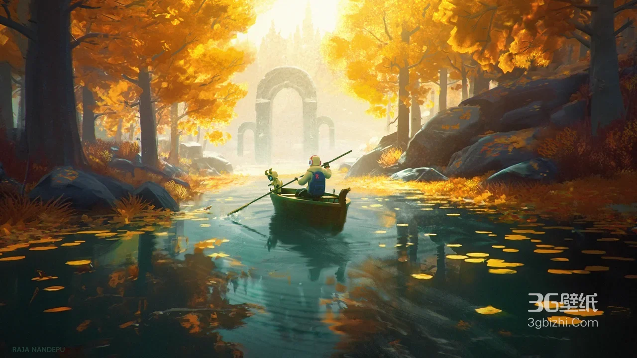 秋林河道·划船人与狗狗·唯美治愈风插画 热门电脑壁纸1
