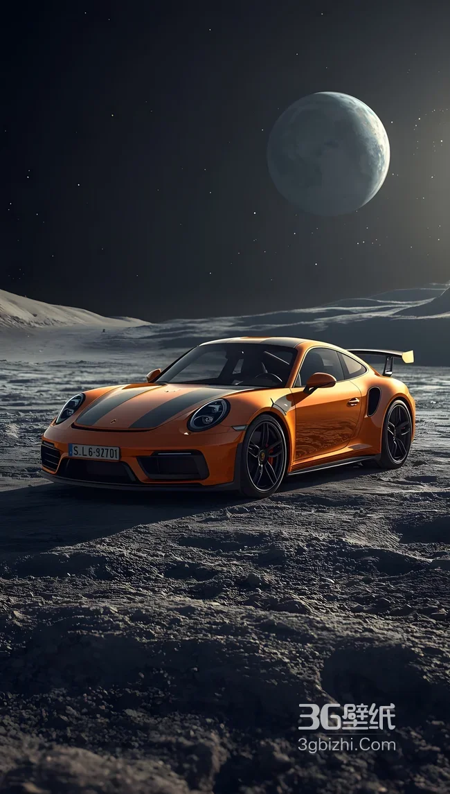 橙色保时捷911·科幻月球场景·写实风超跑壁纸1