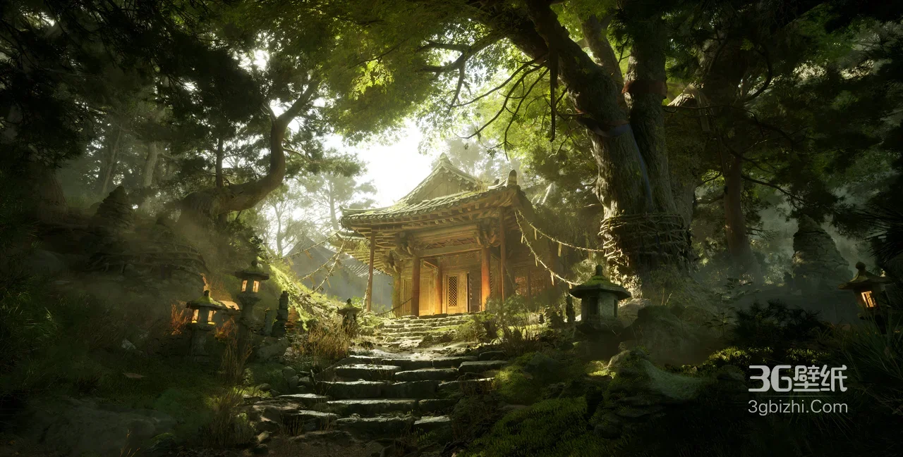国风写实·森林古刹秘境 森系禅意宽屏电脑壁纸1