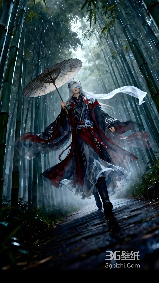 蒙眼国漫帅哥王林·红黑华服 雨幕竹林 国风玄幻武侠风手机壁纸1