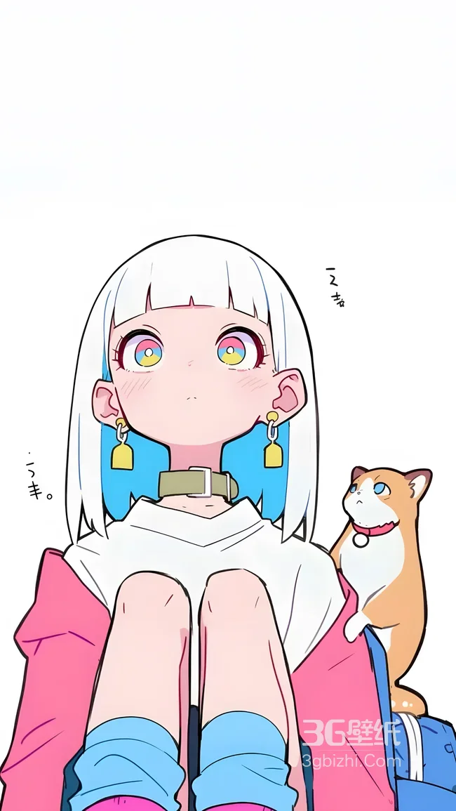 白发彩瞳少女·宠物猫相伴 日系二次元治愈风手机壁纸1