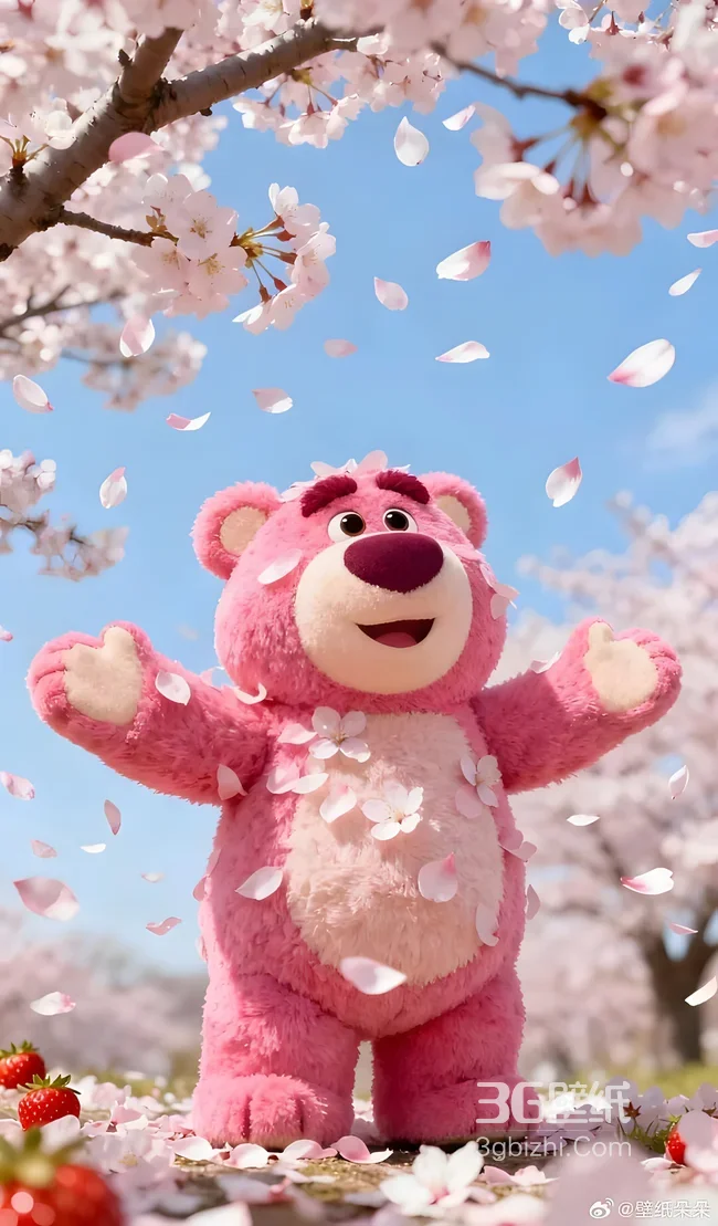 Lotso草莓熊·樱花飘落唯美风 玩具总动员卡通壁纸（樱花季治愈壁纸）1