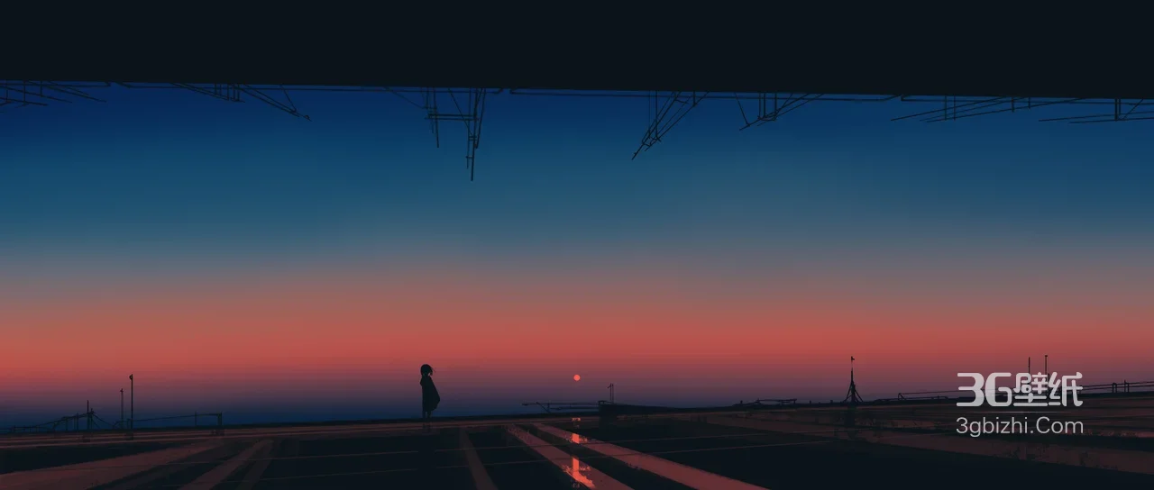 黄昏停车场人物剪影·唯美暗黑风原创插画 宽屏电脑壁纸1