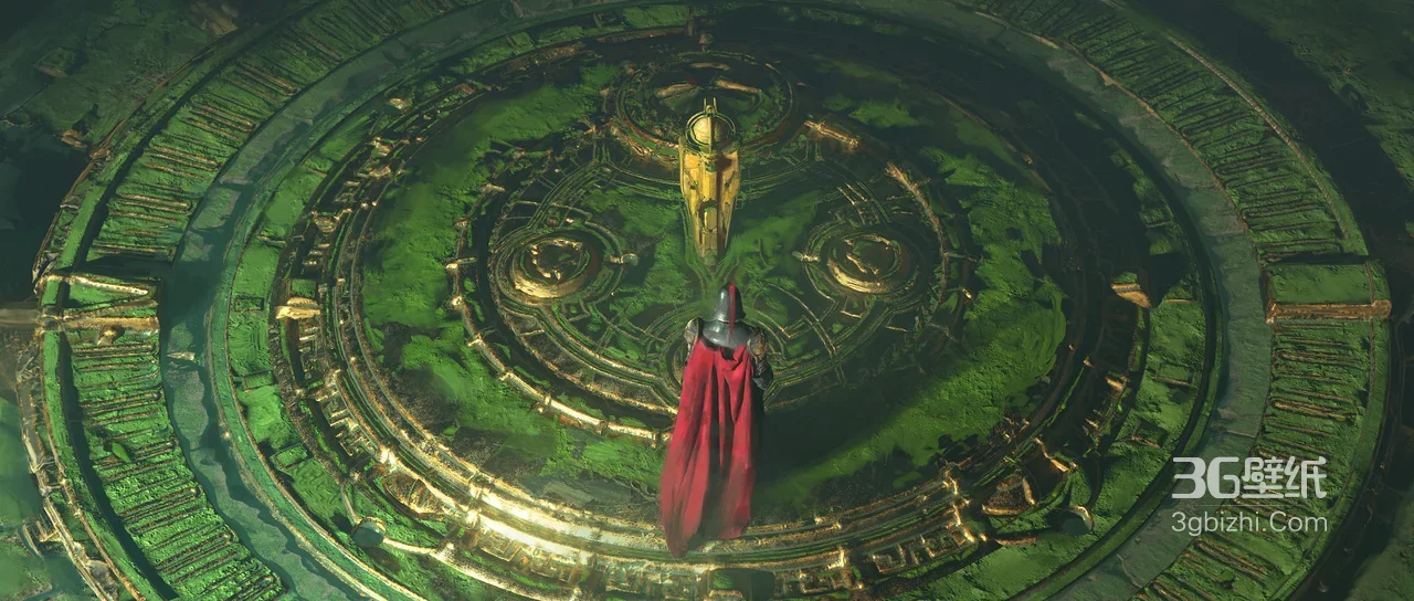 红披风盔甲人物俯瞰史诗奇幻环形秘境·影视级宽屏电脑壁纸1