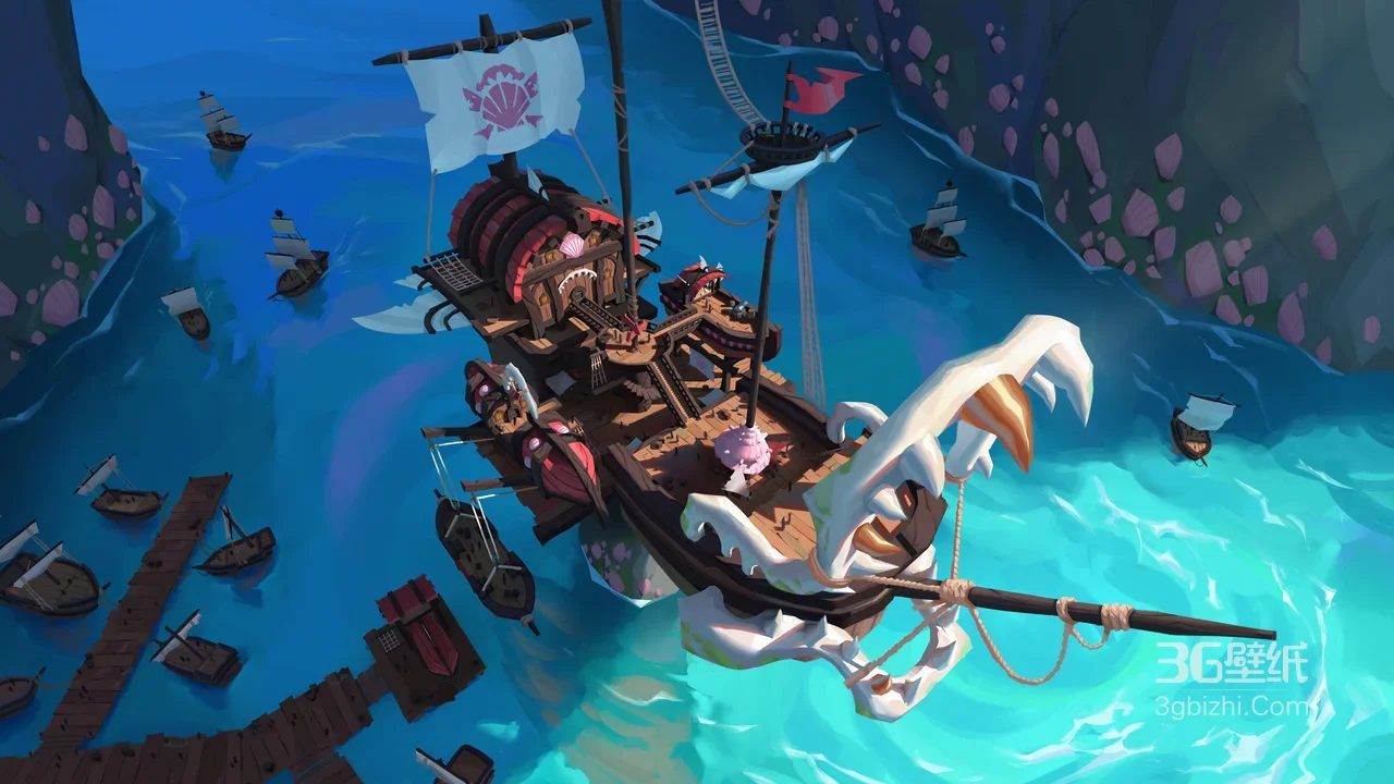 兽骨船头奇幻海盗船 卡通冒险游戏港口舰队场景 冒险游戏壁纸1