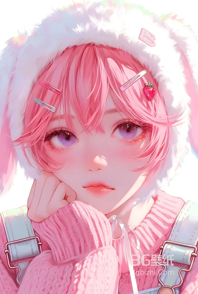 二次元粉色短发少女·兔耳毛绒帽甜美元气手机壁纸1