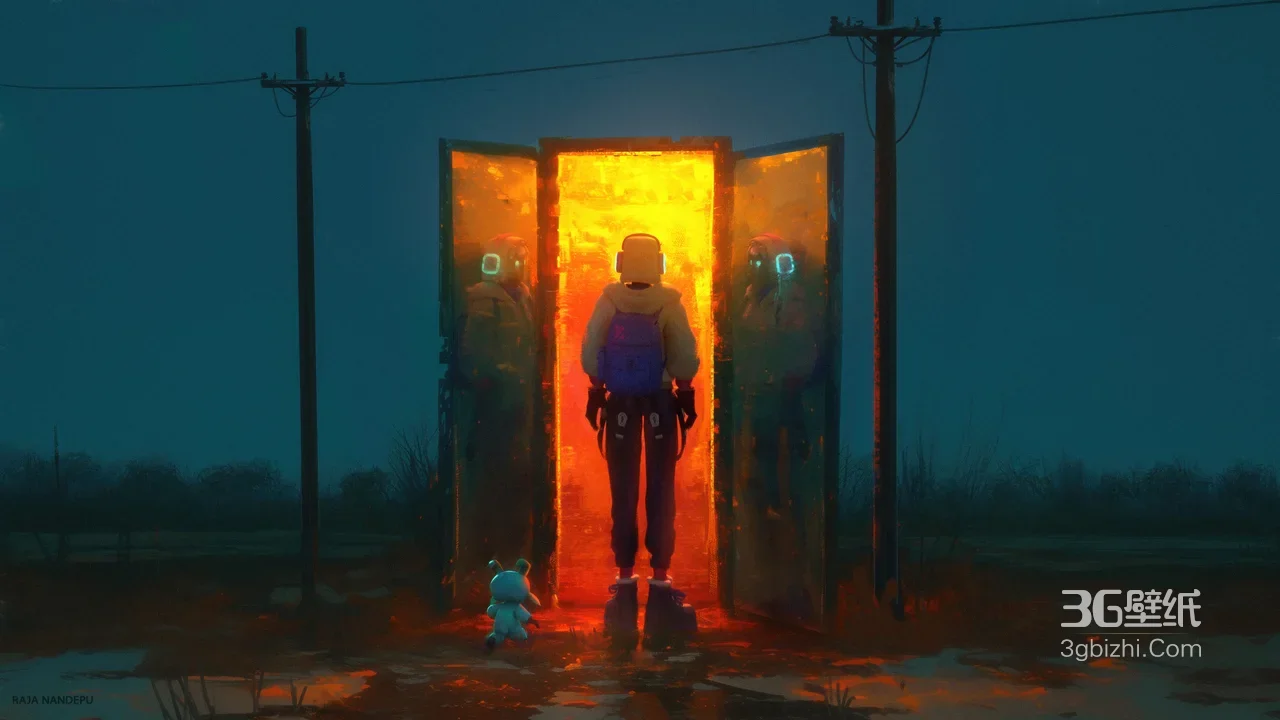 科幻旅行者·发光门镜像场景 赛博朋克暗黑风原创插画电脑壁纸1