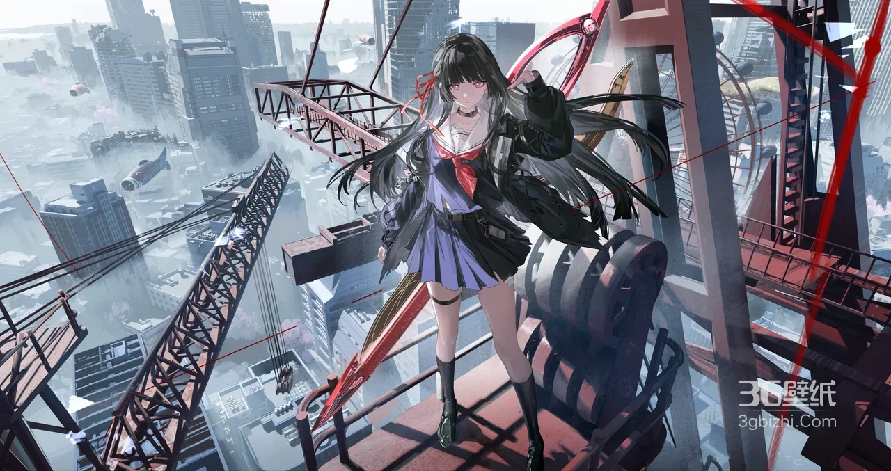 二次元暗黑科技都市机械水手服少女 宽屏车机壁纸1