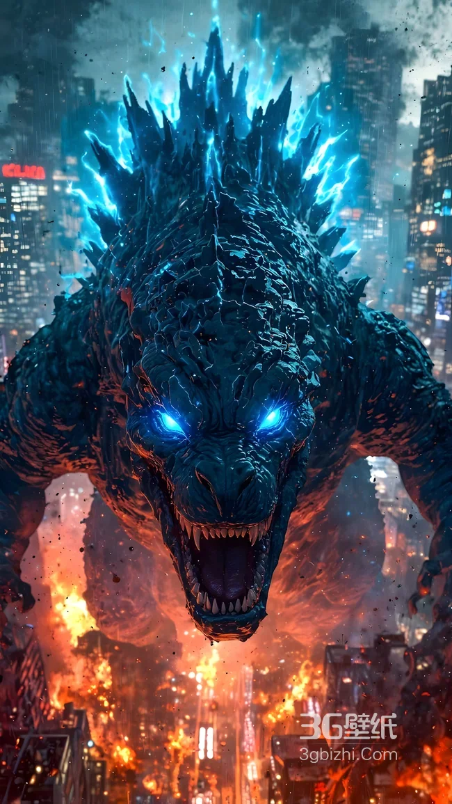 哥斯拉·蓝光咆哮 写实科幻风 影视怪兽 震撼城市破坏手机壁纸1