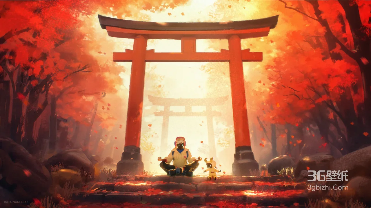 日式鸟居红叶林·打坐者与萌宠 唯美插画电脑壁纸1