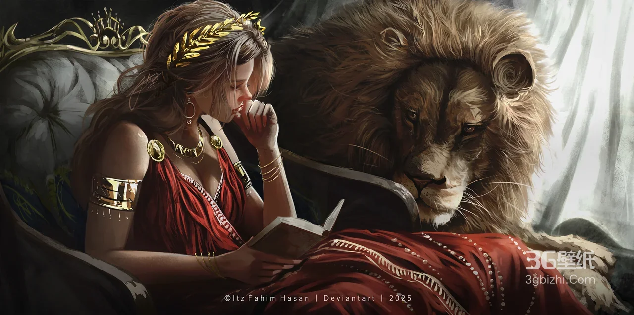 红裙女子与雄狮·写实唯美插画 宽屏电脑壁纸1