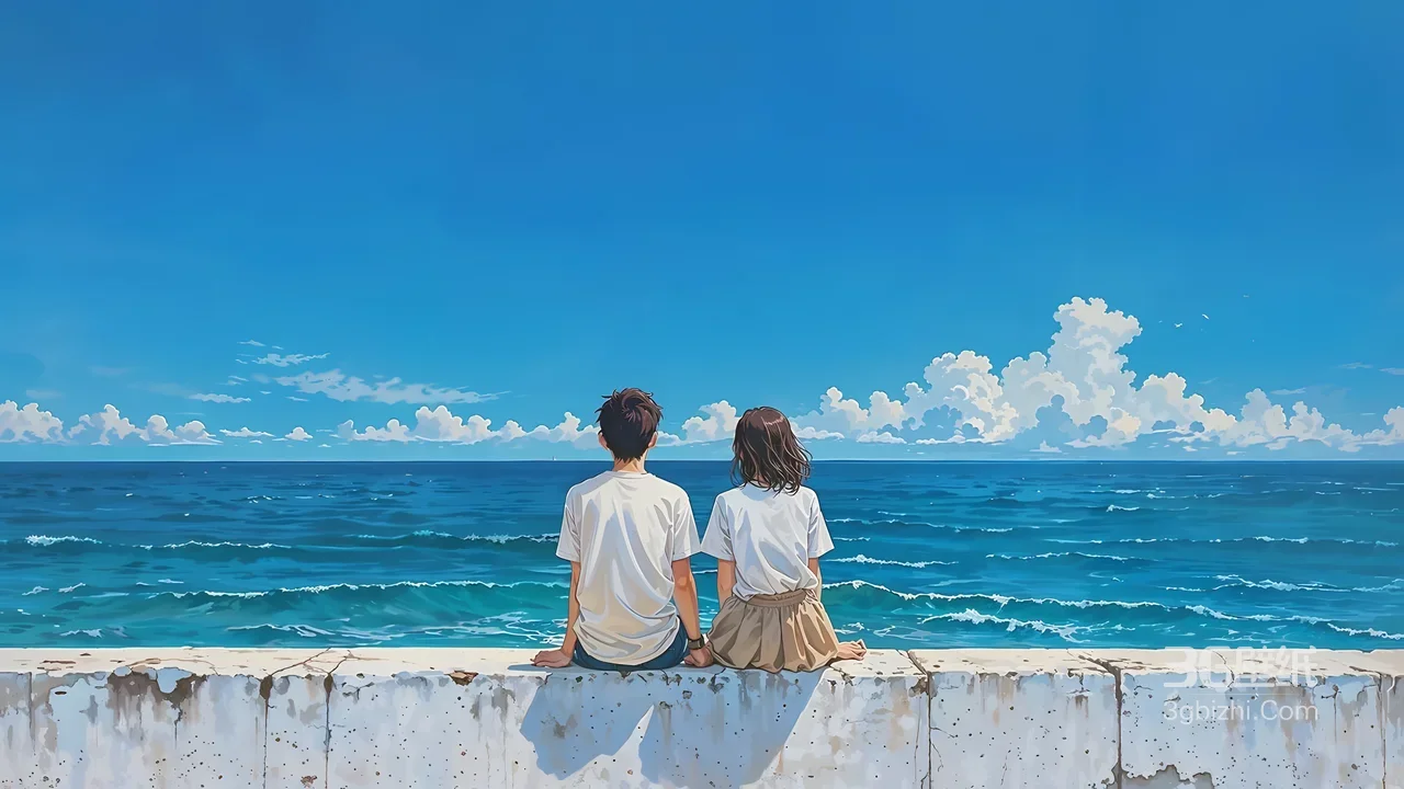 海边情侣·日系唯美插画 海浪蓝天治愈电脑壁纸1