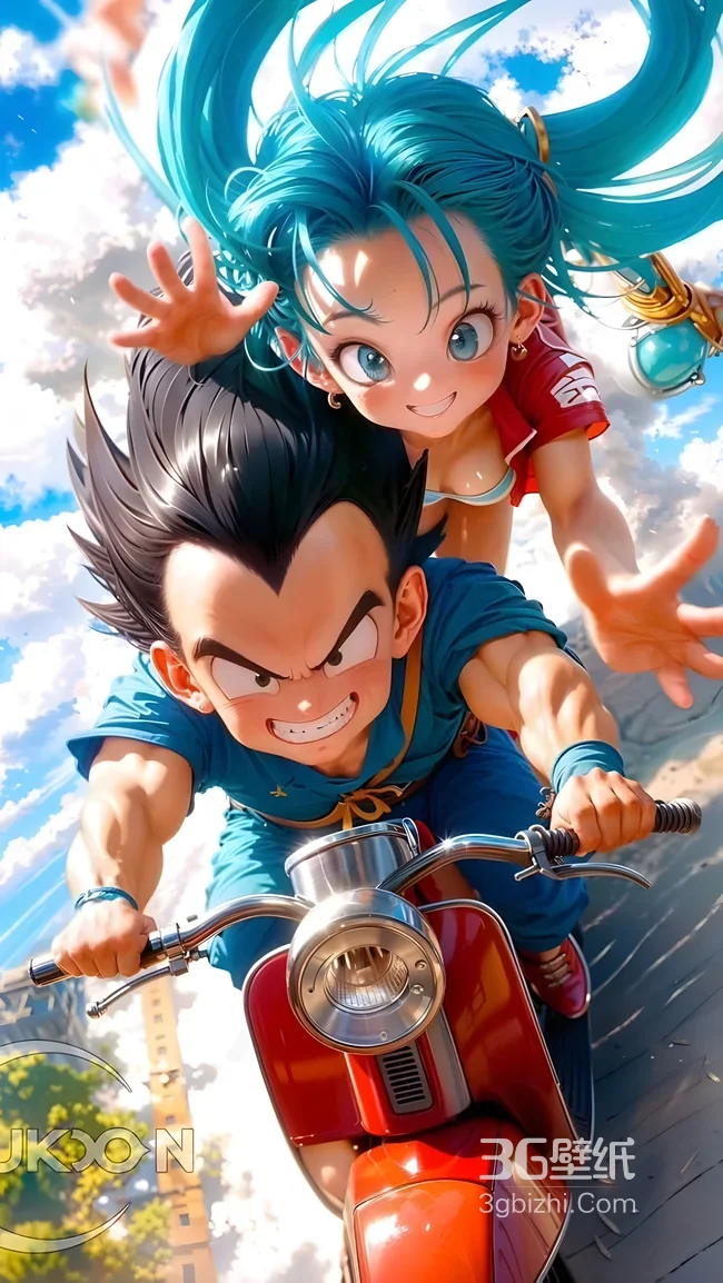 龙珠布尔玛悟空童年骑摩托 二次元写实热血冒险手机壁纸1
