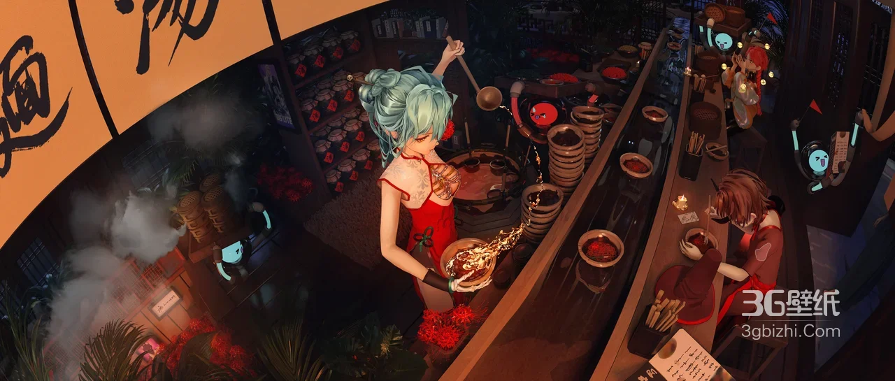 蓝发国风旗袍少女·古风餐馆烹饪 国漫赛博风电脑壁纸1