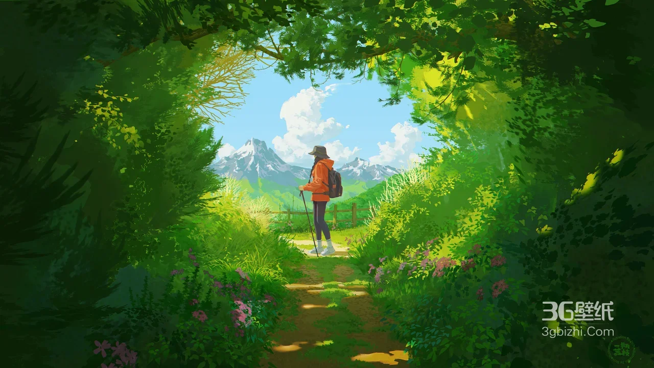 徒步旅行者·森林小径望雪山 唯美治愈插画电脑壁纸1