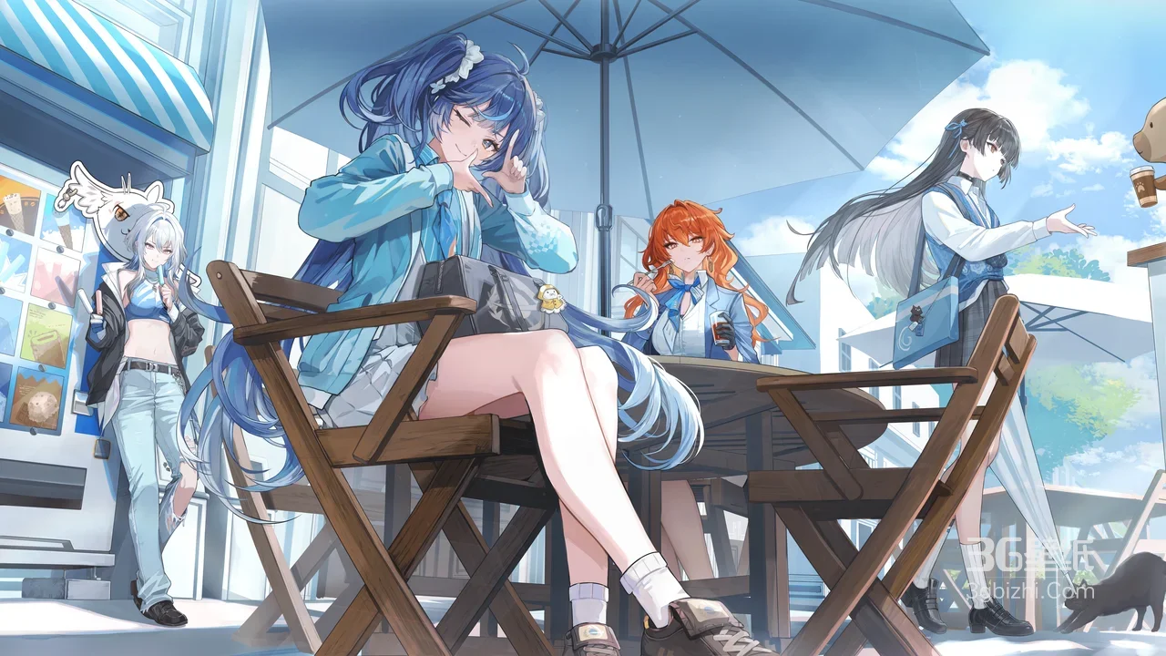 蓝发少女领衔·户外咖啡馆国漫游戏壁纸 含宠物猫1