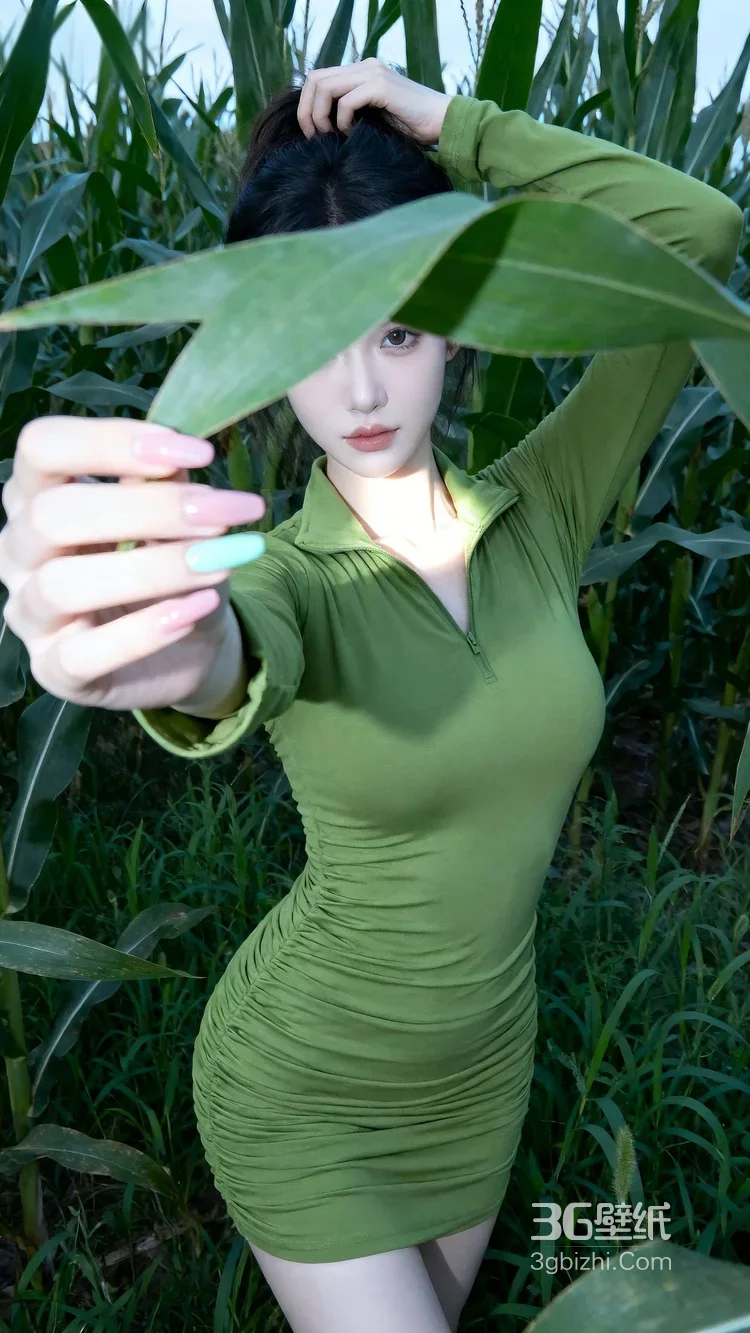 绿裙少女玉米地唯美写真 清新氛围感女生图2