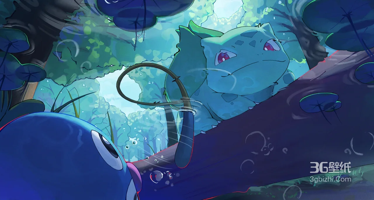妙蛙种子·藤鞭戏水 二次元唯美宝可梦森林水泽电脑壁纸1