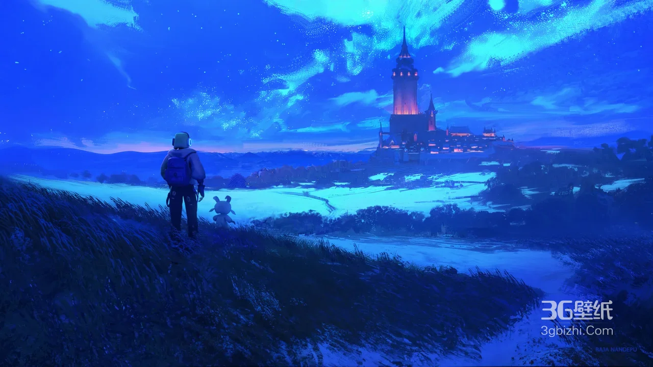 探险者与萌宠眺望星空城堡 科幻唯美风电脑桌面背景1