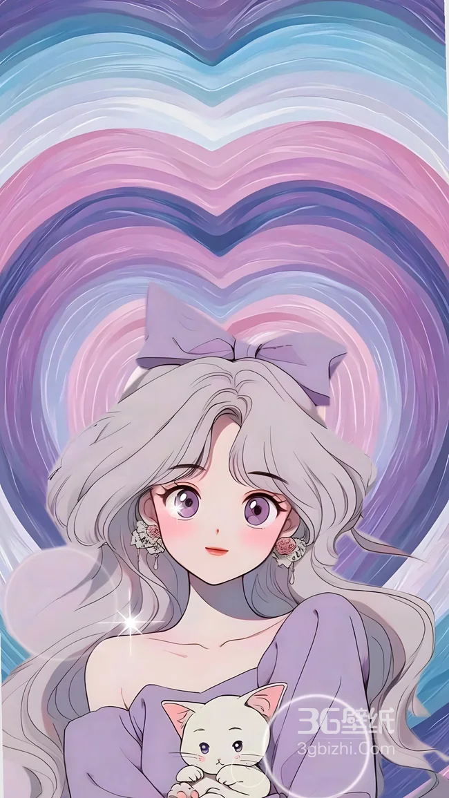 银发蝴蝶结少女抱白猫 唯美二次元爱心风壁纸1