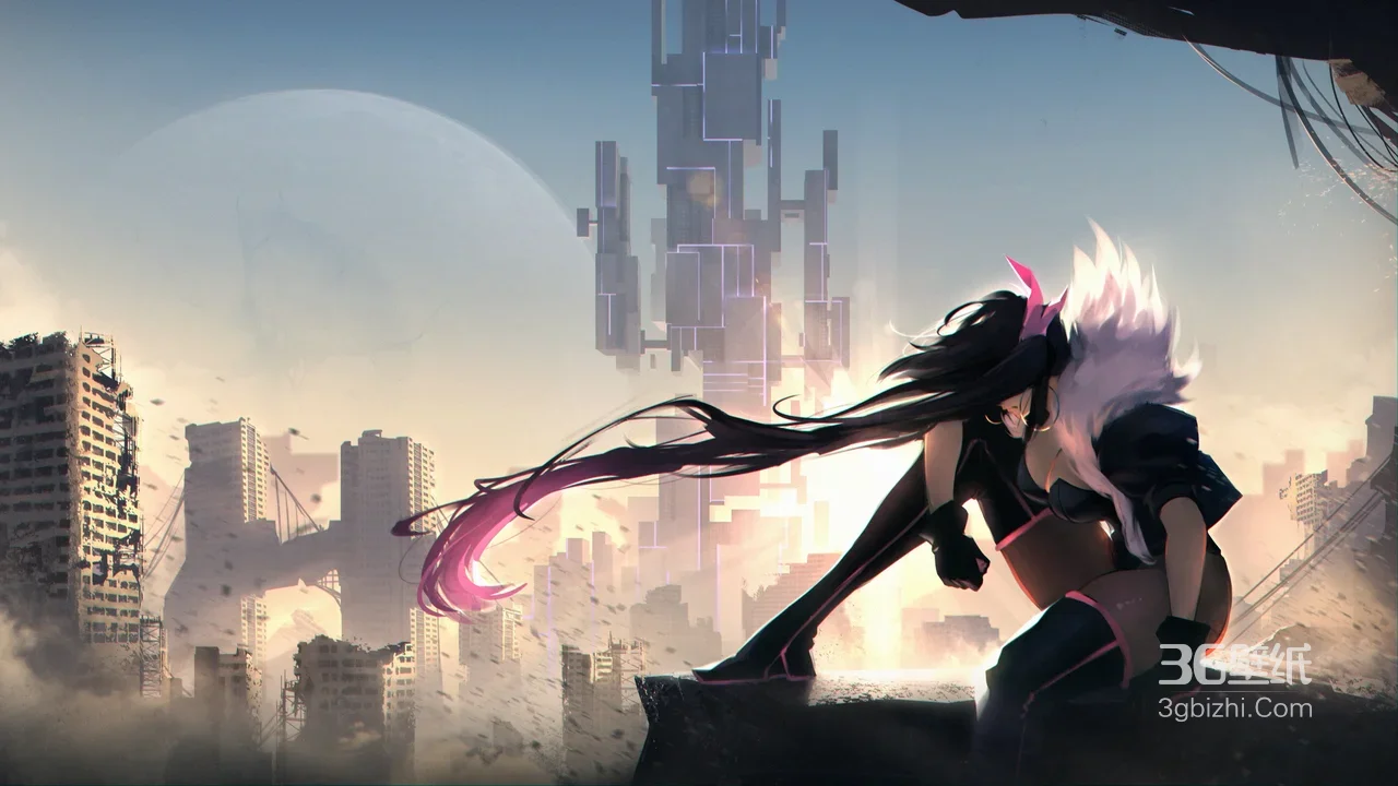 赛博朋克废墟都市·粉紫长发女角色 科幻风电脑壁纸1