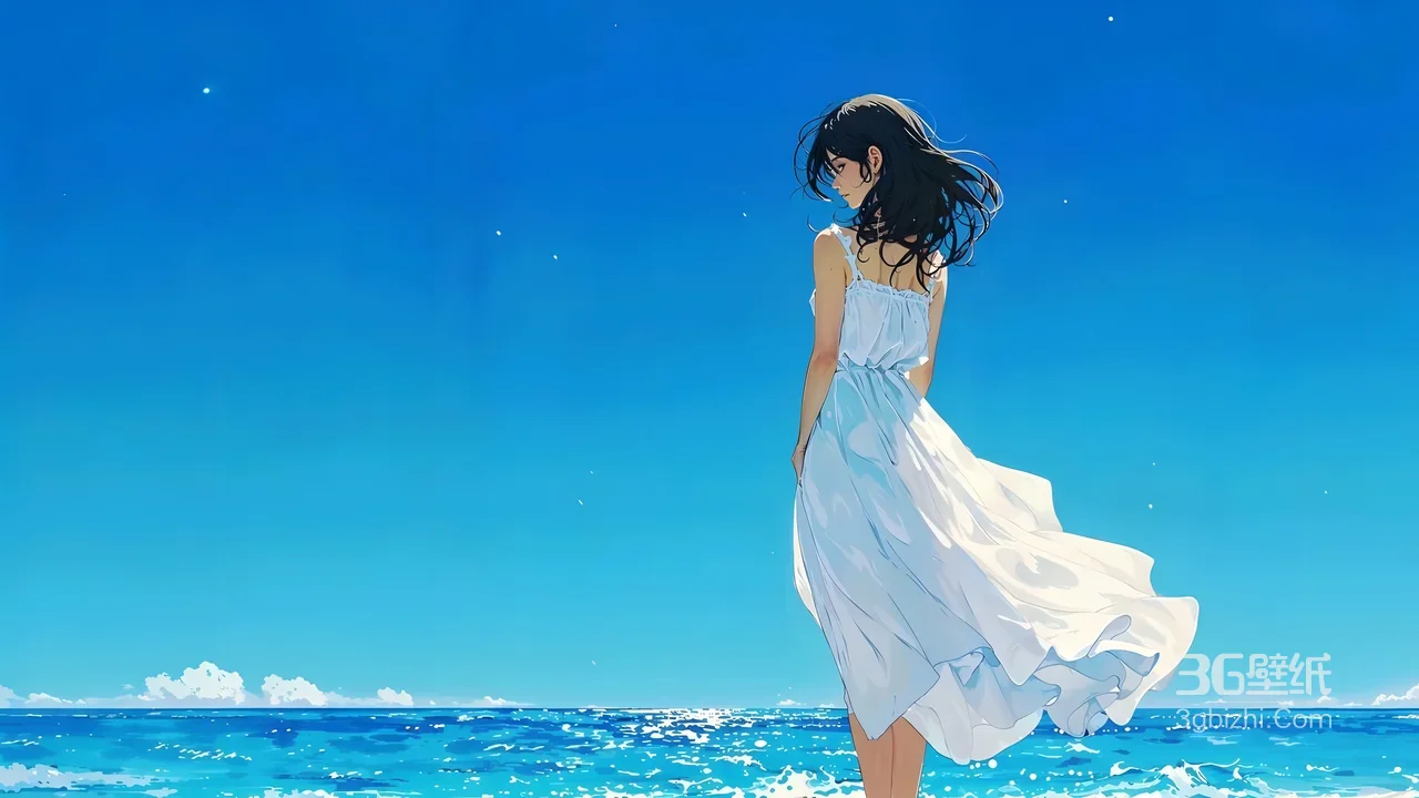海边白裙少女·日系唯美插画 清新治愈桌面背景1