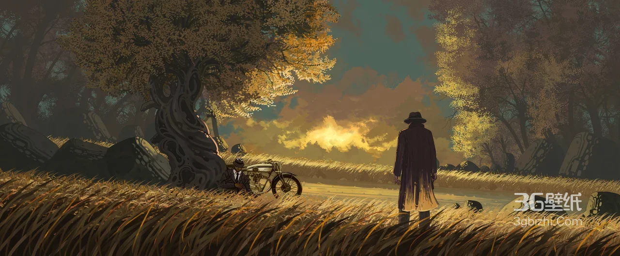 神秘风衣客·复古摩托秋野 复古唯美风宽屏电脑壁纸1