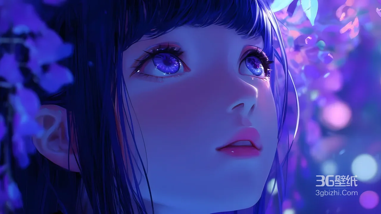 紫眸少女·蓝发垂落 唯美二次元风电脑壁纸1