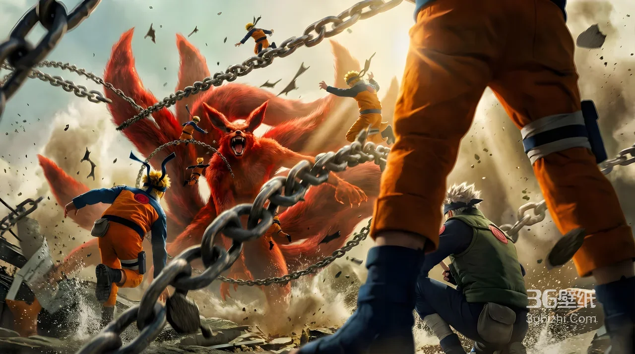 火影忍者·鸣人多重影分身战九尾妖狐 写实风动漫战斗壁纸推荐1