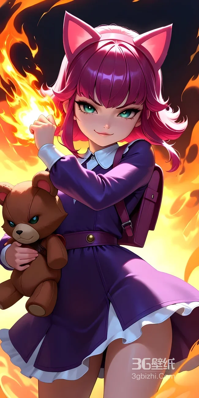 猫耳紫发少女·抱熊控火·二次元国漫风热门手机壁纸1