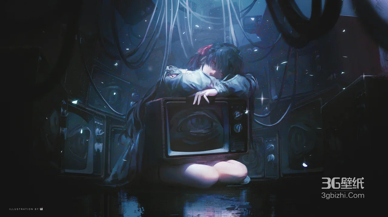 暗黑少女抱眼球电视 赛博暗黑风原创插画 高人气电脑壁纸1