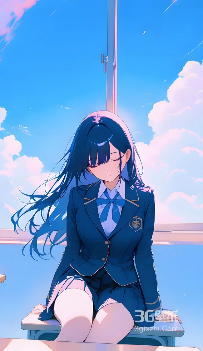 蓝发校服少女·闭眼静享 二次元唯美校园手机壁纸1
