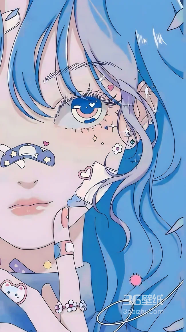 蓝发少女·梦幻甜美元素 原创插画高人气少女系手机壁纸1
