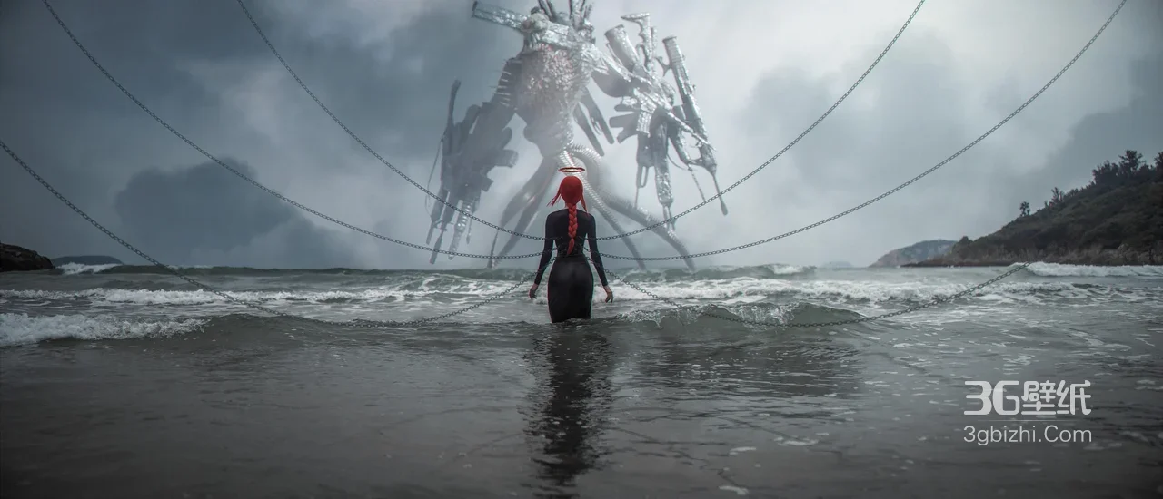 红发光环女子与机械巨兽 暗黑科幻海边 宽屏电脑壁纸1