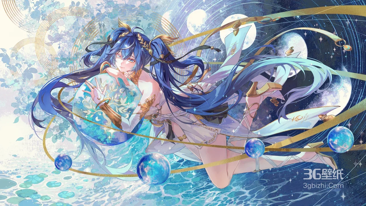 蓝发双马尾少女·抱星踏浪 唯美二次元电脑壁纸1