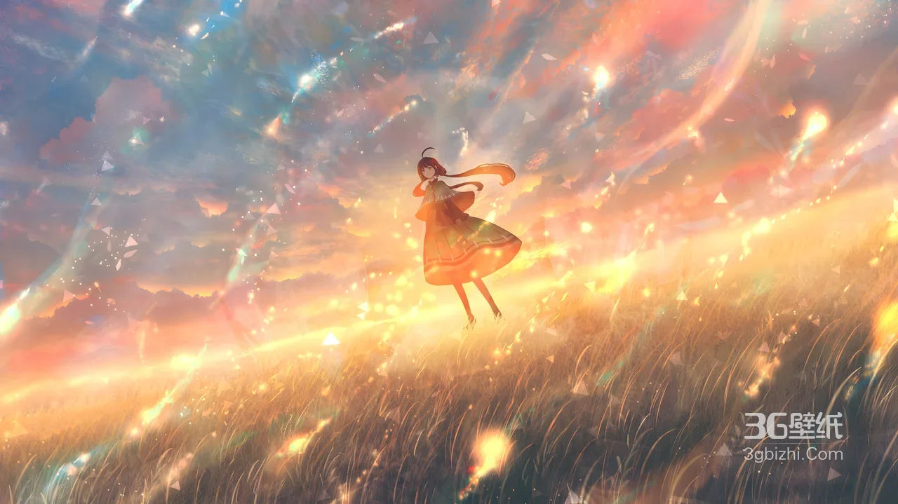 动漫少女·裙舞流光 唯美梦幻黄昏草野 电脑壁纸1